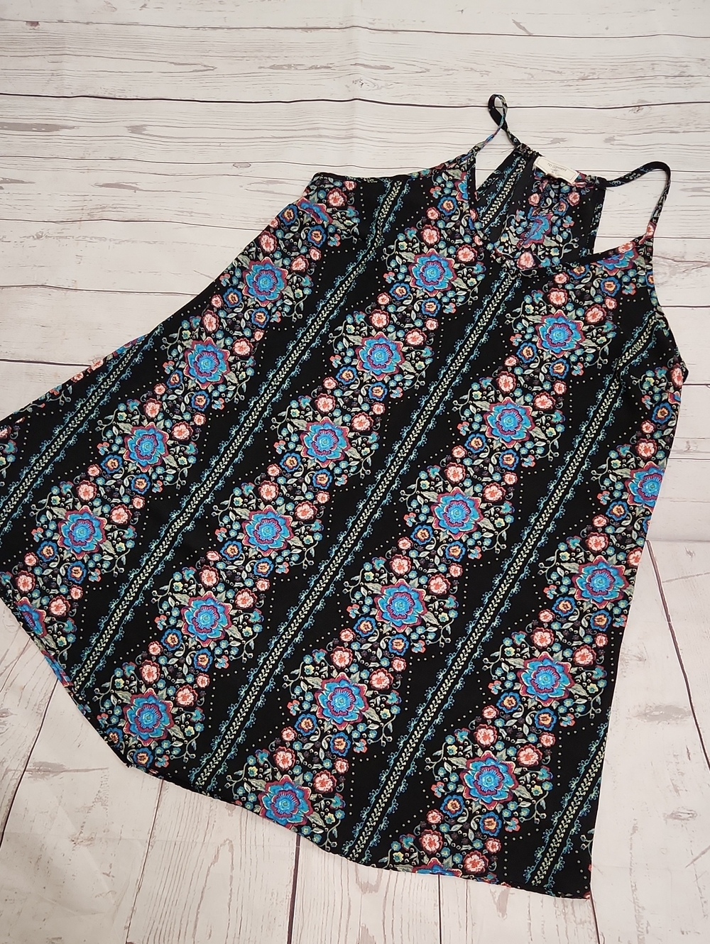 Black Floral Strappy Mini Dress with Blue and Pink Motif